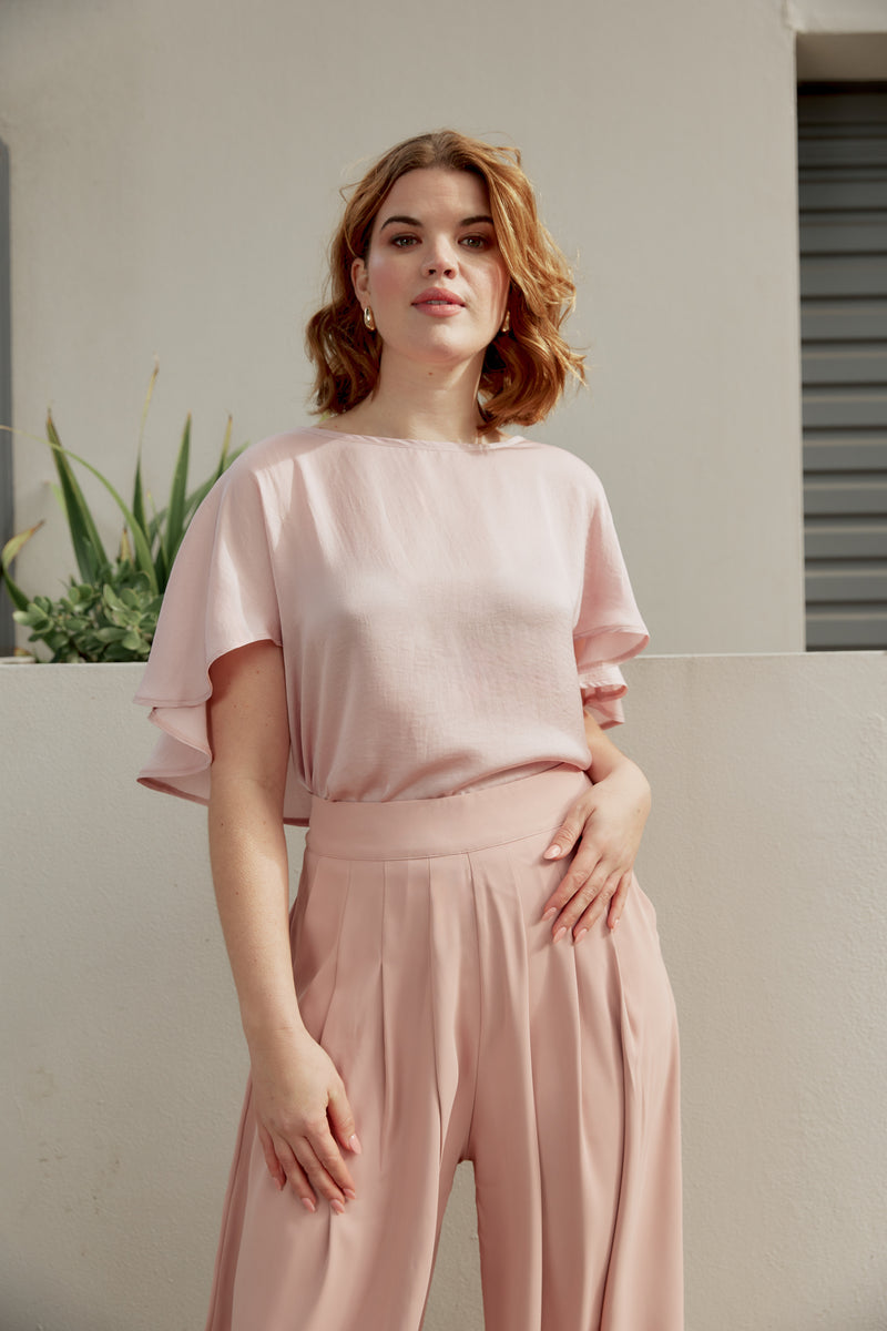 Flutter Sleeve Satin Top (Pink)