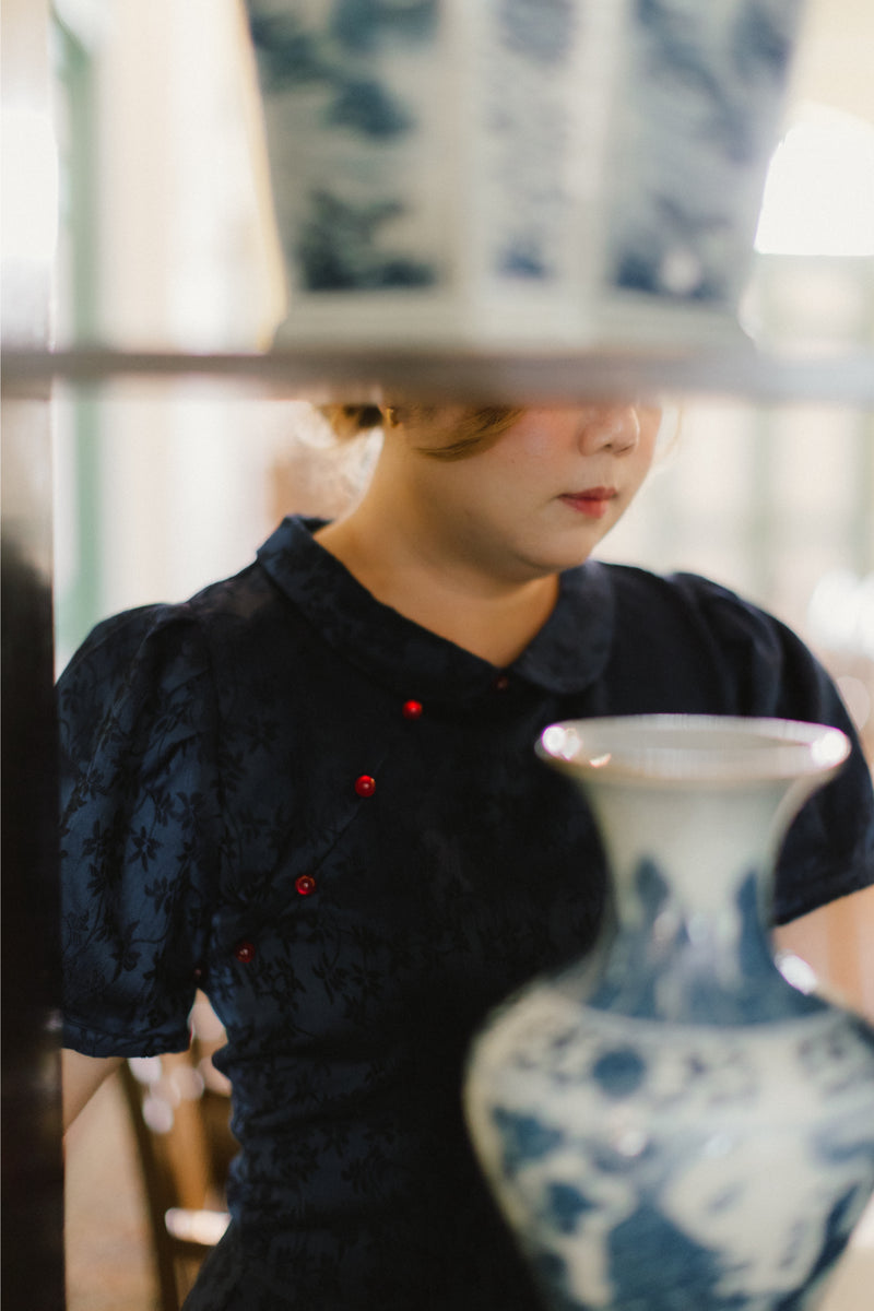 (Co-Ord) Peter Pan Collar Cheongsam Top (Navy)