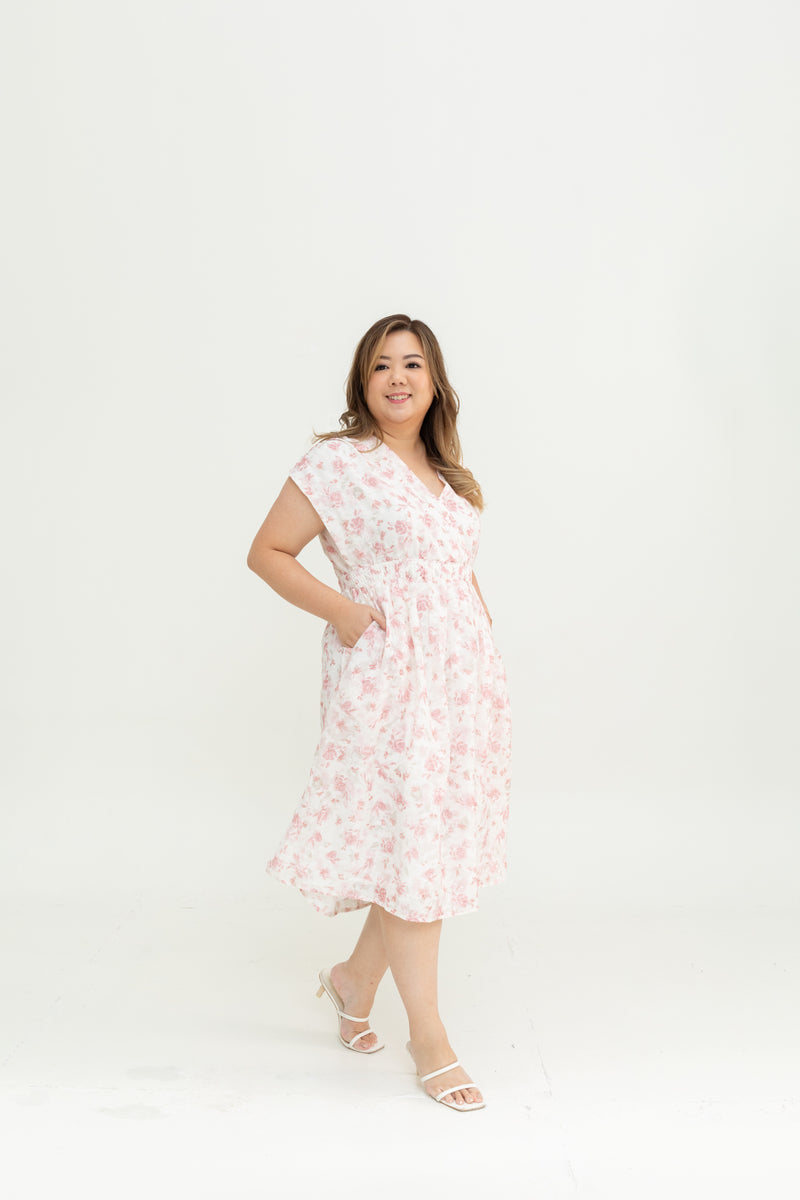 Smocked Waist Ruched Sleeves Dress (Pink)