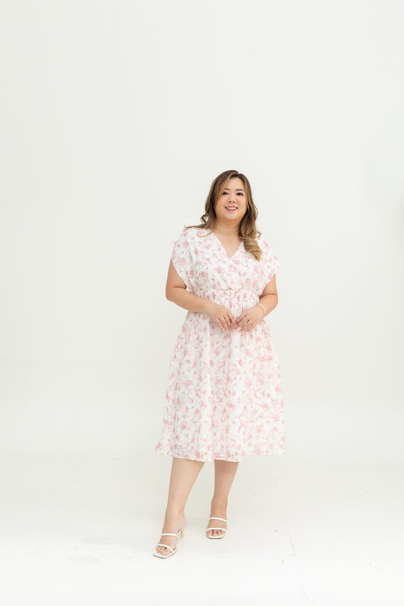 Smocked Waist Ruched Sleeves Dress (Pink)