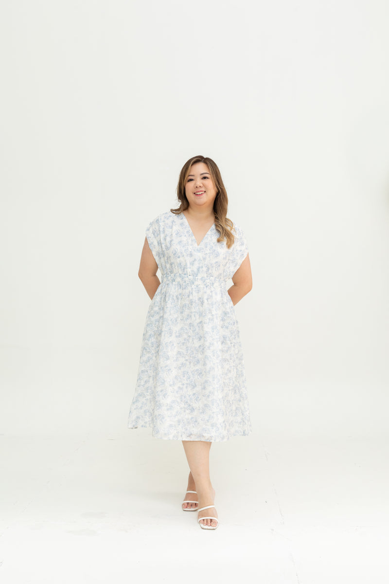 Smocked Waist Ruched Sleeves Dress (Blue)