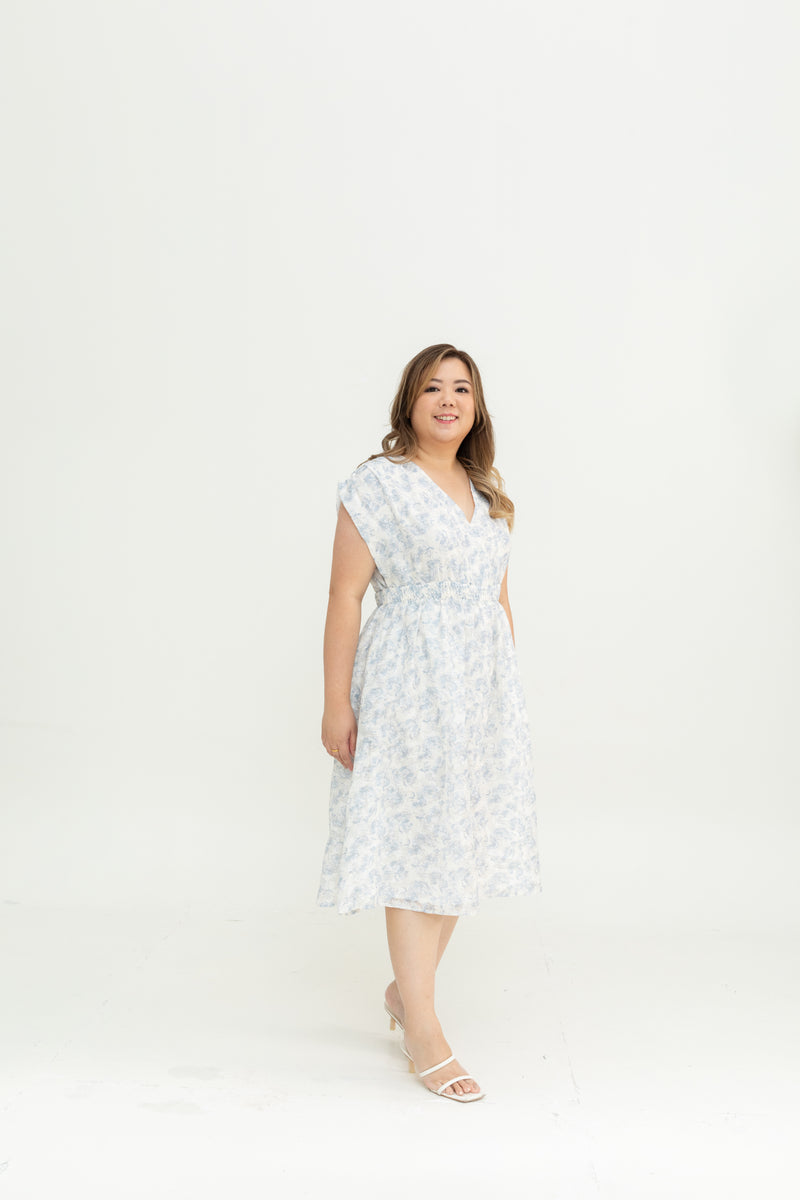 Smocked Waist Ruched Sleeves Dress (Blue)