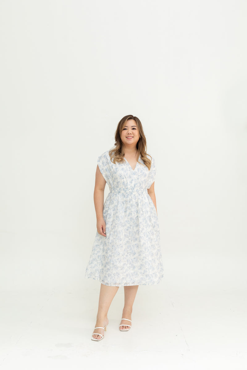 Smocked Waist Ruched Sleeves Dress (Blue)