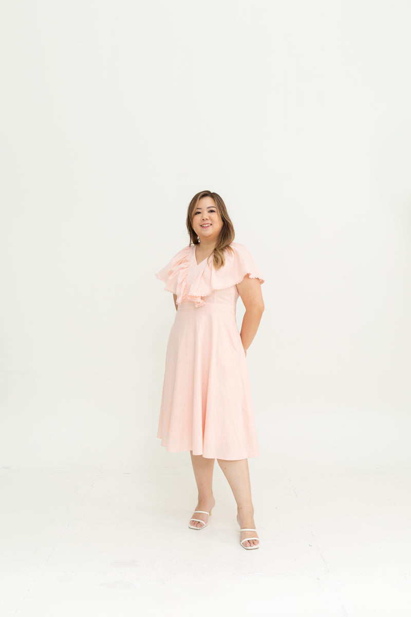 Linen Flutter Sleeves Flare Dress (Pastel Pink)