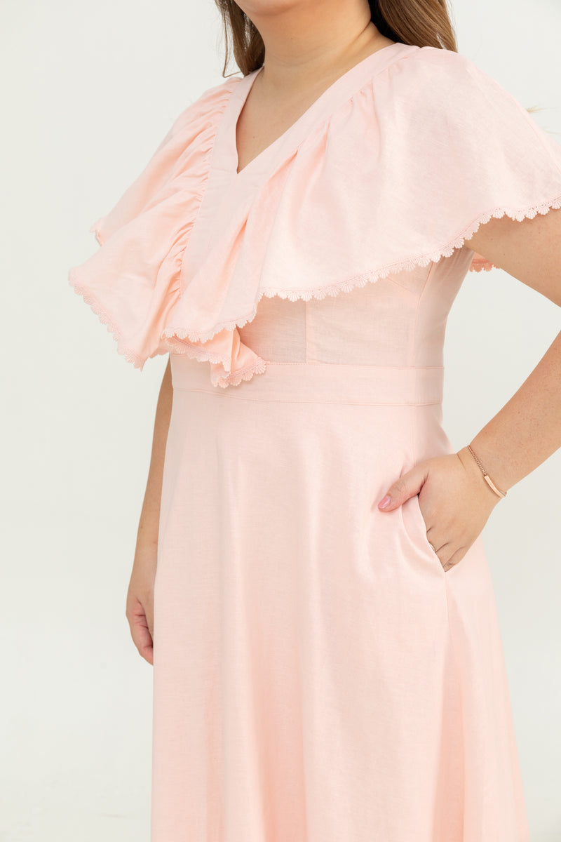 Linen Flutter Sleeves Flare Dress (Pastel Pink)