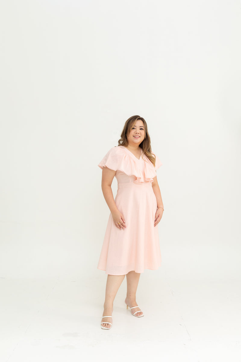 Linen Flutter Sleeves Flare Dress (Pastel Pink)