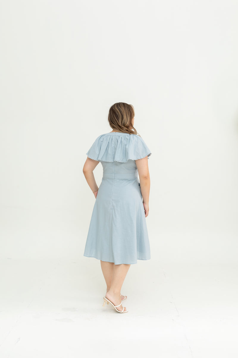 Linen Flutter Sleeves Flare Dress (Cinderella Blue)