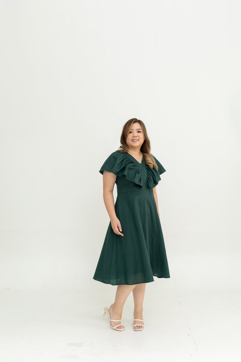 Linen Flutter Sleeves Flare Dress (Forest)