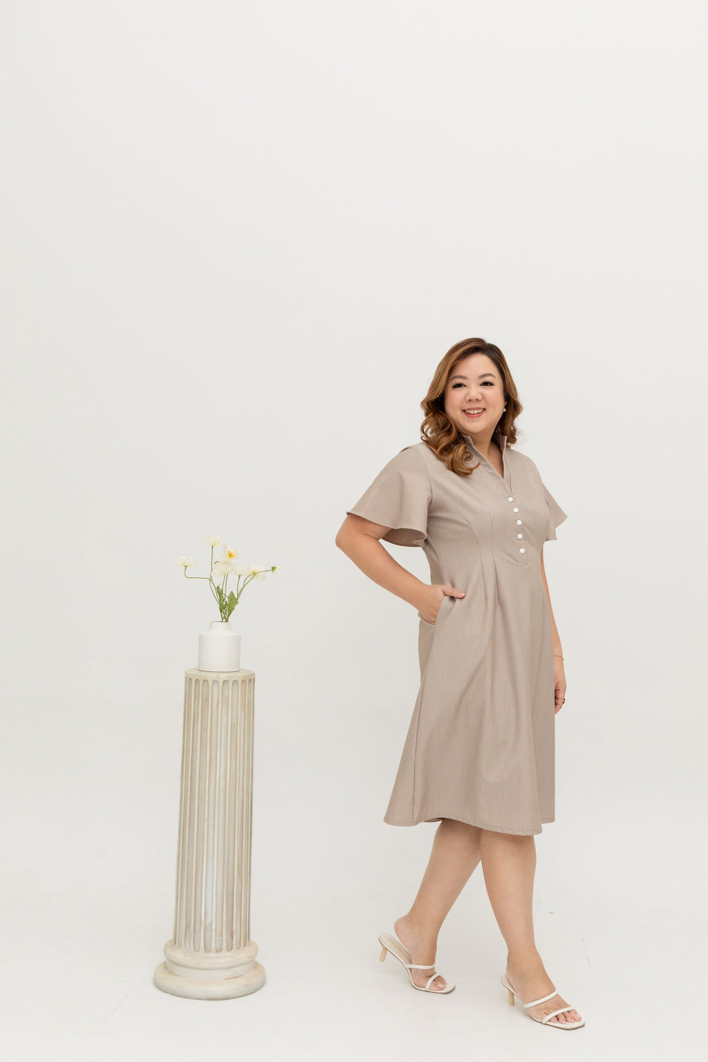 Mandarin Collar Contrast Button Dress (Khaki)