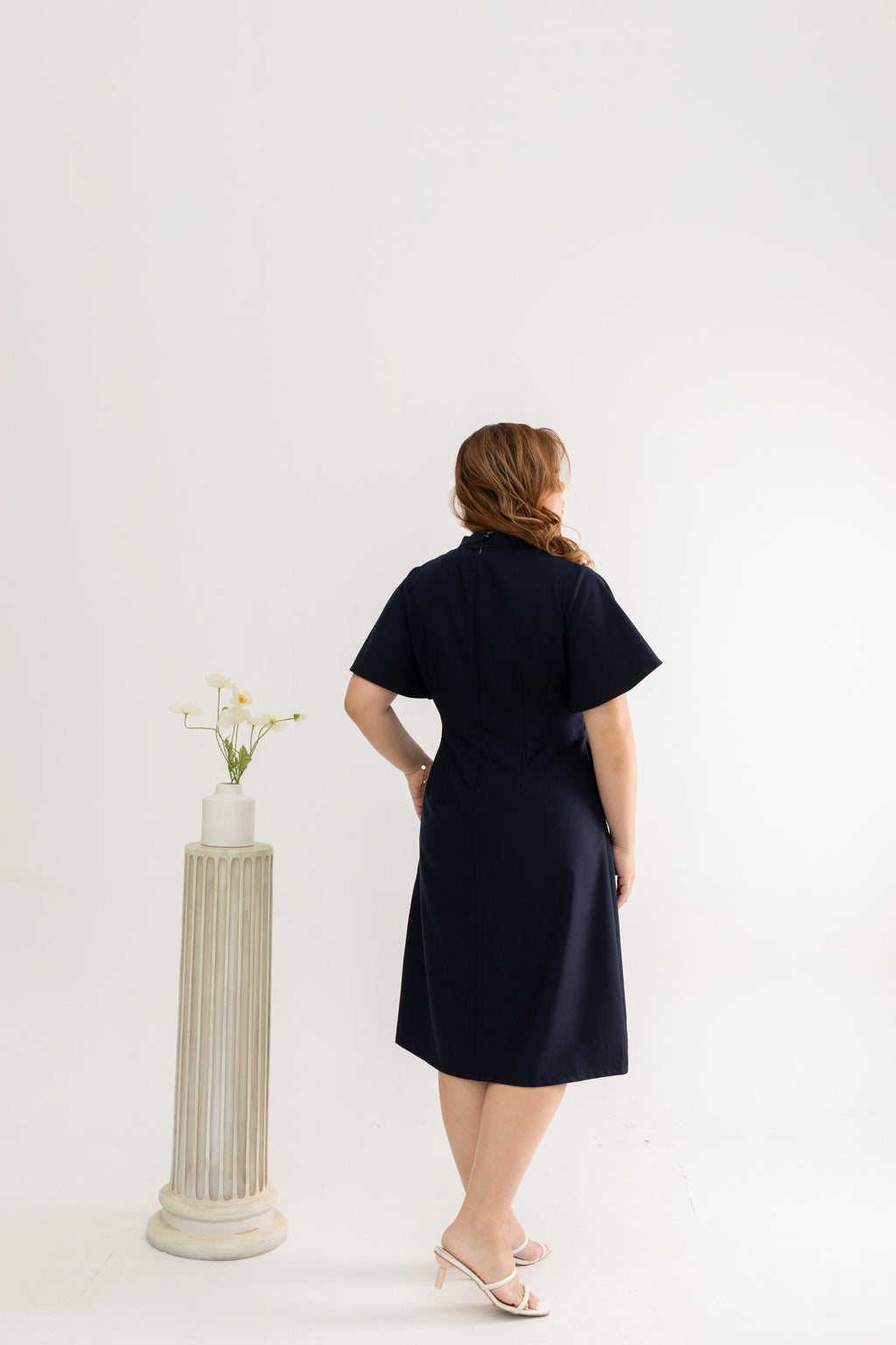 Mandarin Collar Contrast Button Dress (Navy)