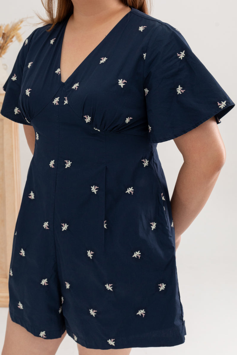 V-neck Embroidery Romper (édition limitée print - Navy)