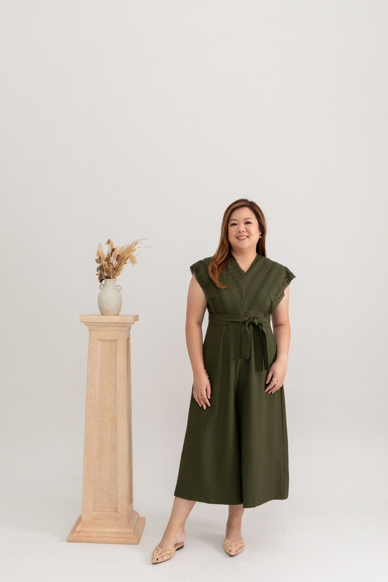 Eyelet Batwing Midi Jumpsuit (Army Green)