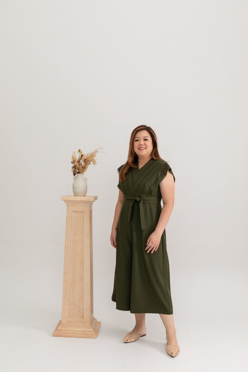 Eyelet Batwing Midi Jumpsuit (Army Green)