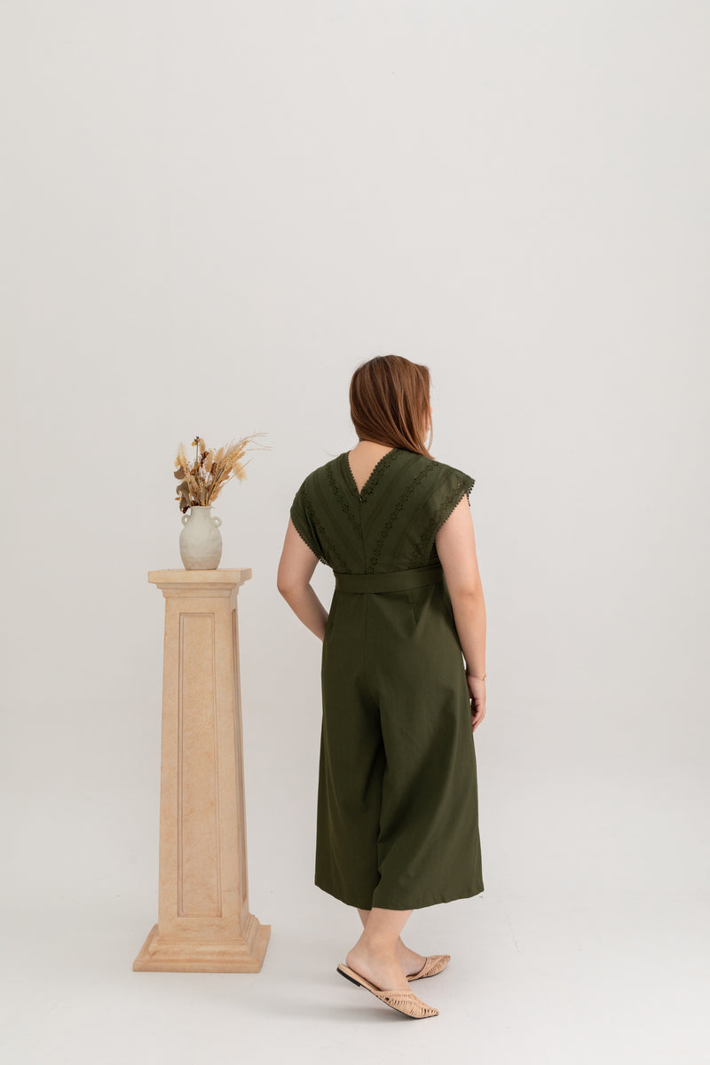 Eyelet Batwing Midi Jumpsuit (Army Green)