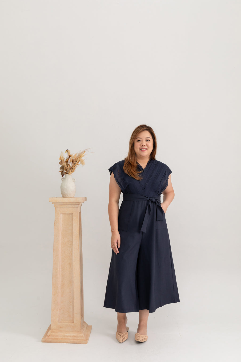 Eyelet Batwing Midi Jumpsuit (Navy)