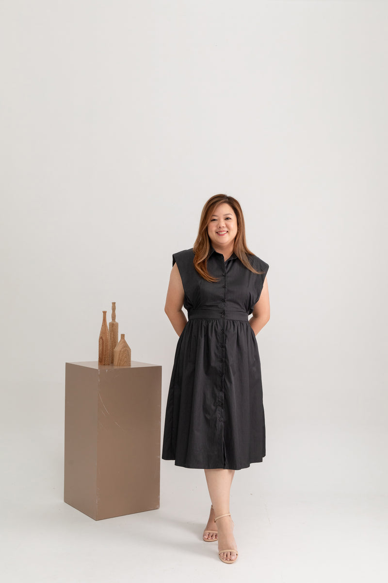 Elastic-Waist Shirt Dress (Charcoal Grey)