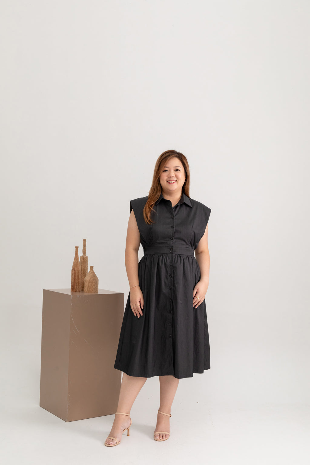 Elastic-Waist Shirt Dress (Charcoal Grey)