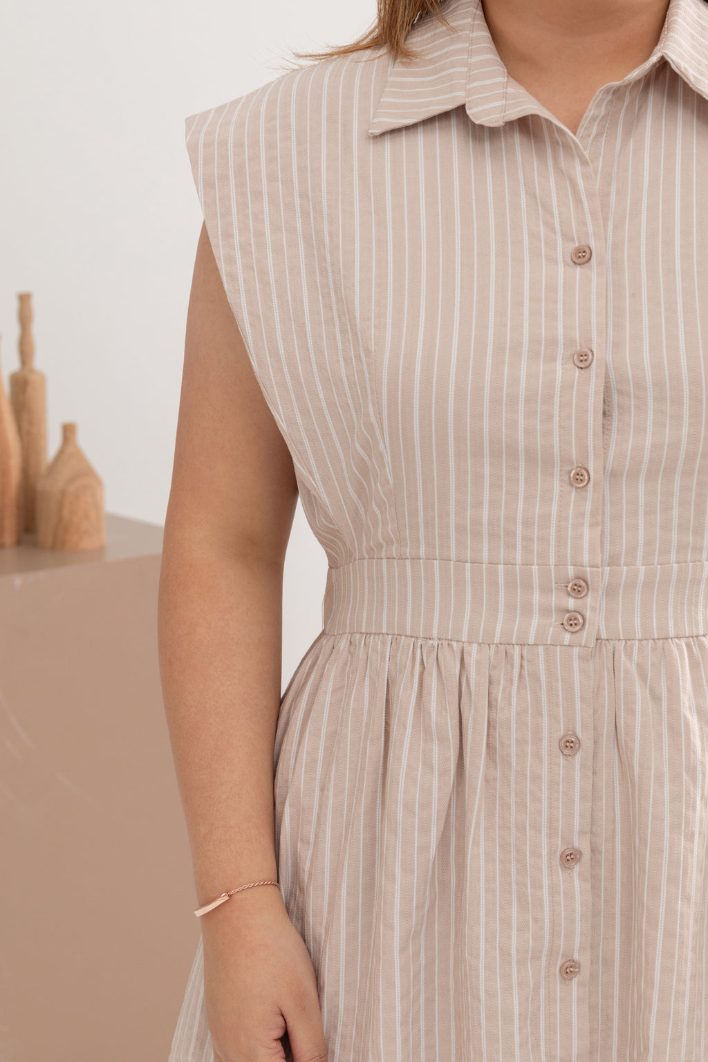 Elastic-Waist Shirt Dress (Oat Stripes)