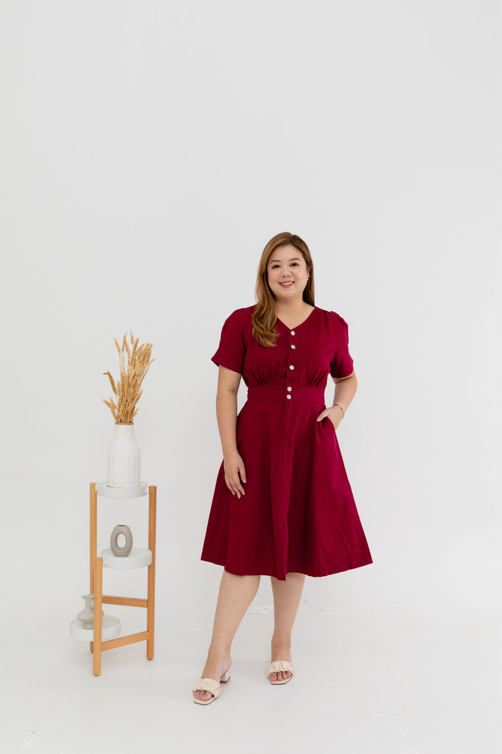 Twill Elastic-back Dress (Rose Red)