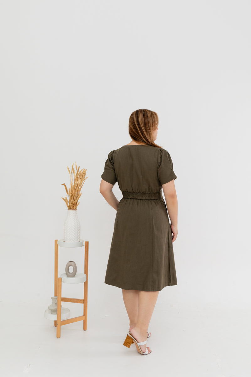 Twill Elastic-back Dress (Olive Green)