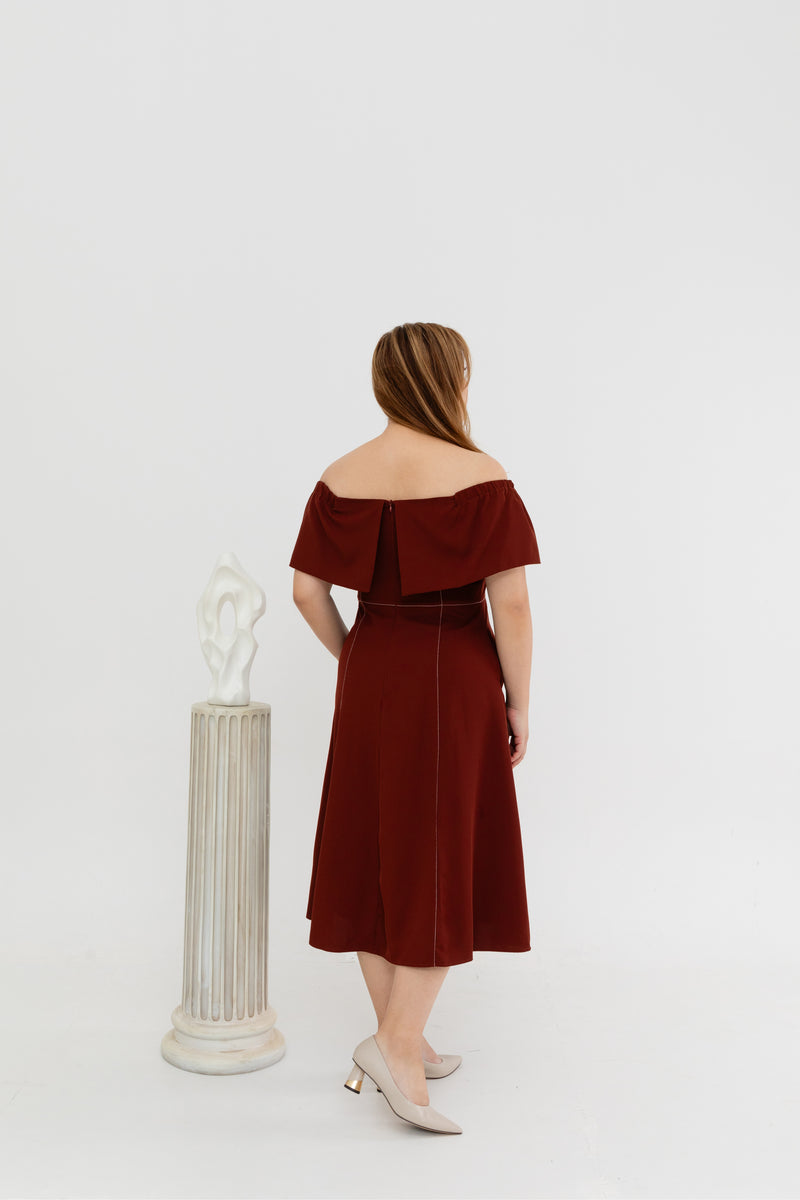 2-way Off Shoulder Contrast Stitch Midi Dress (Mocha)