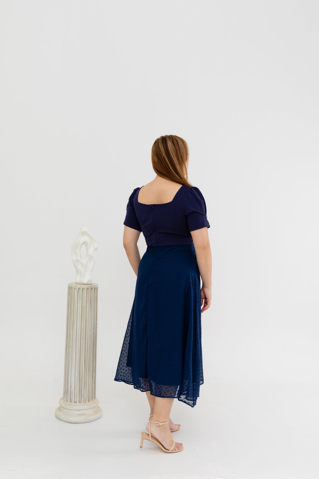 Dual-Textured Midi Dress (Navy)