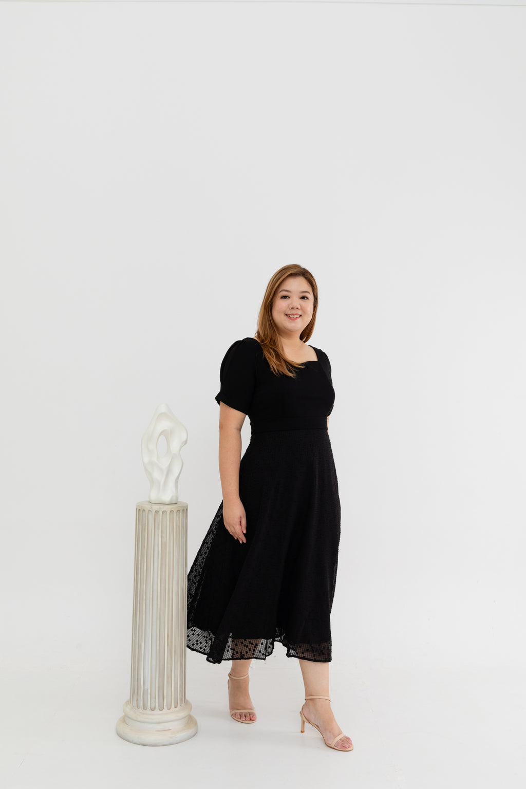 Dual-Textured Midi Dress (Black)