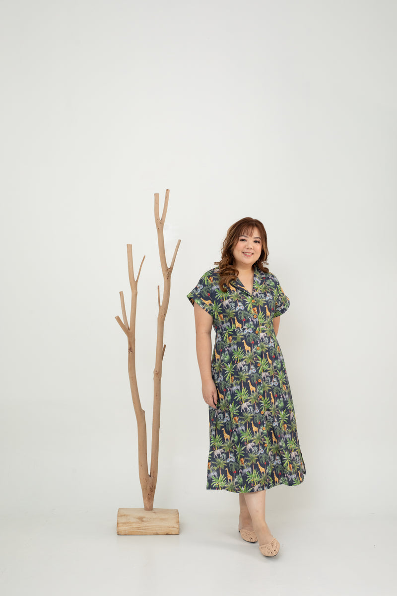 Safari Print Midi Dress (Navy)