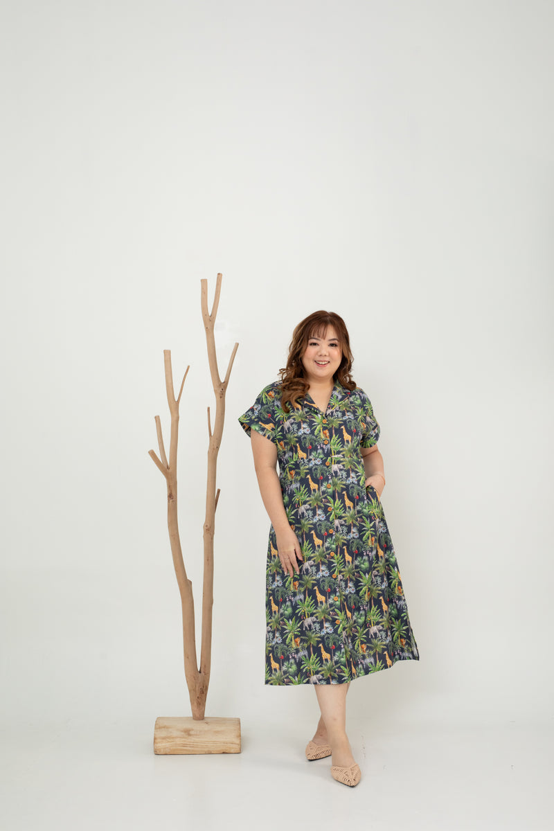 Safari Print Midi Dress (Navy)