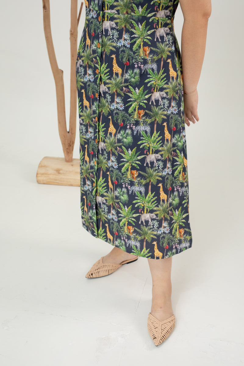 Safari Print Midi Dress (Navy)