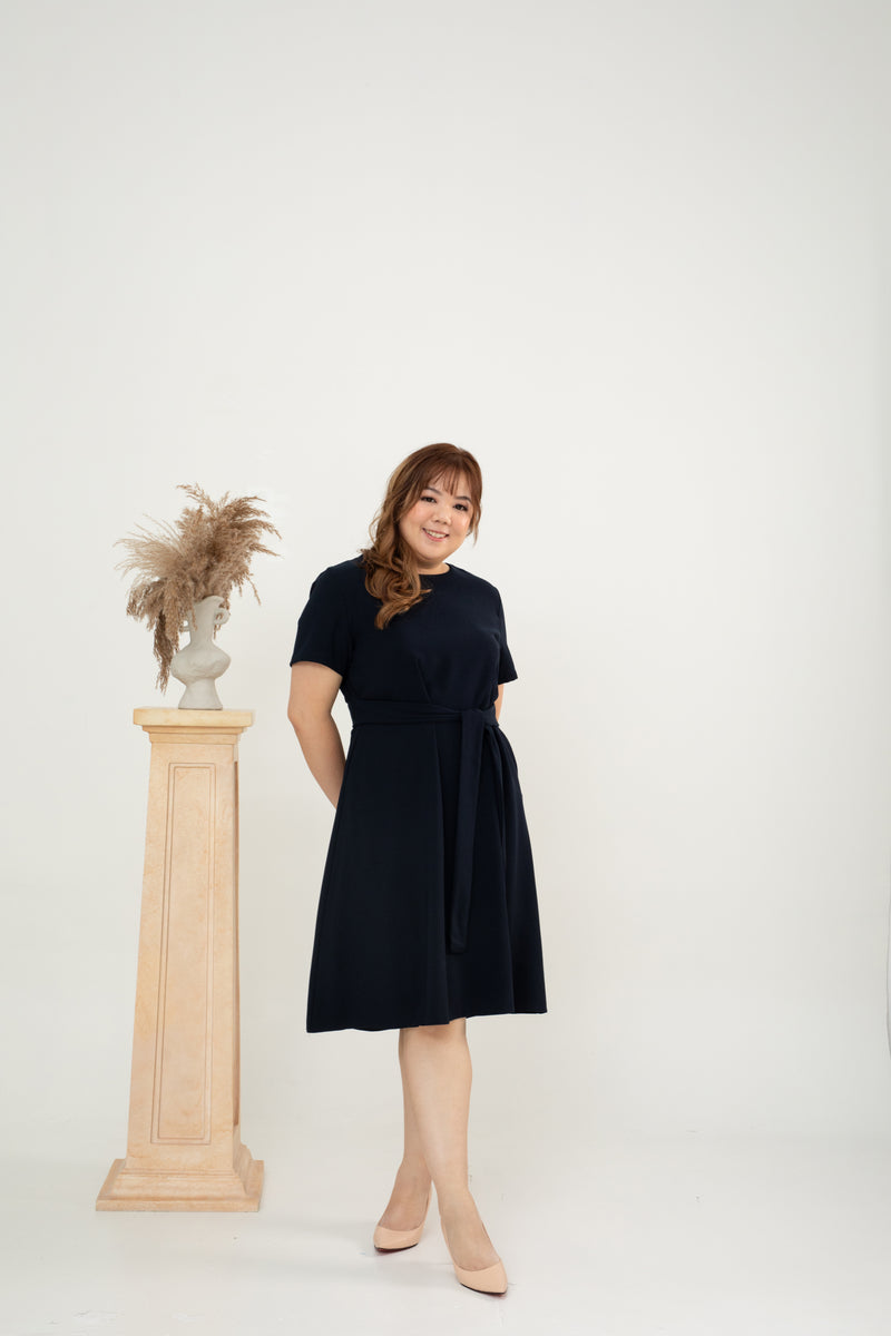 Waist-tie Fit and Flare Dress (Dark Navy)