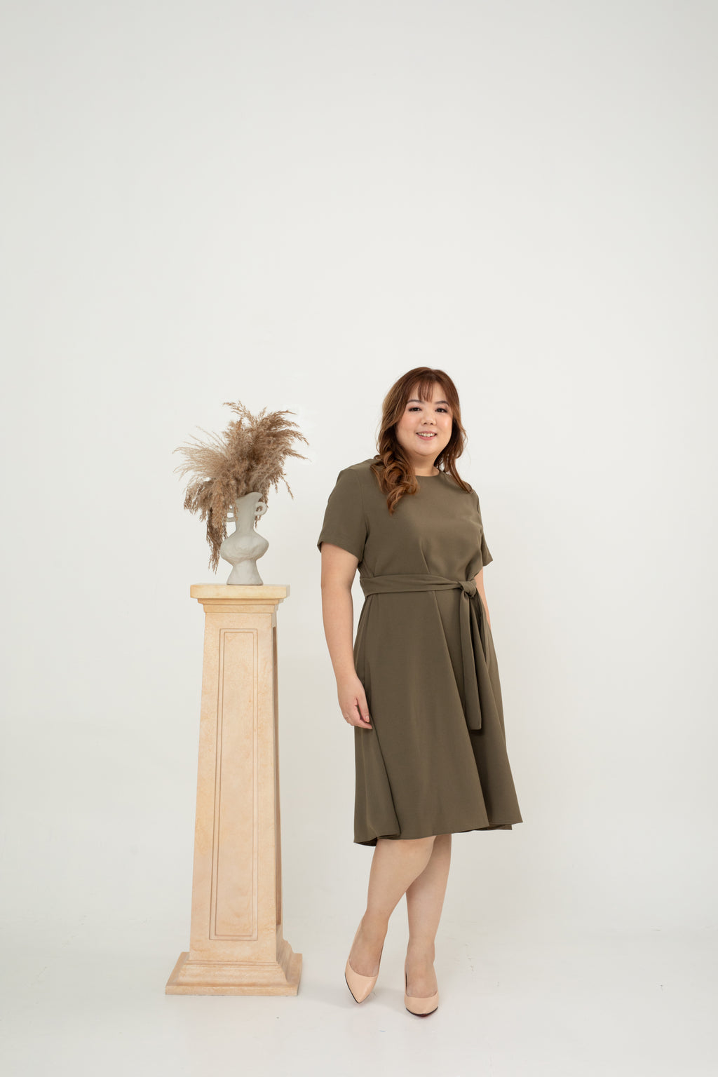 Waist-tie Fit and Flare Dress (Army Green)