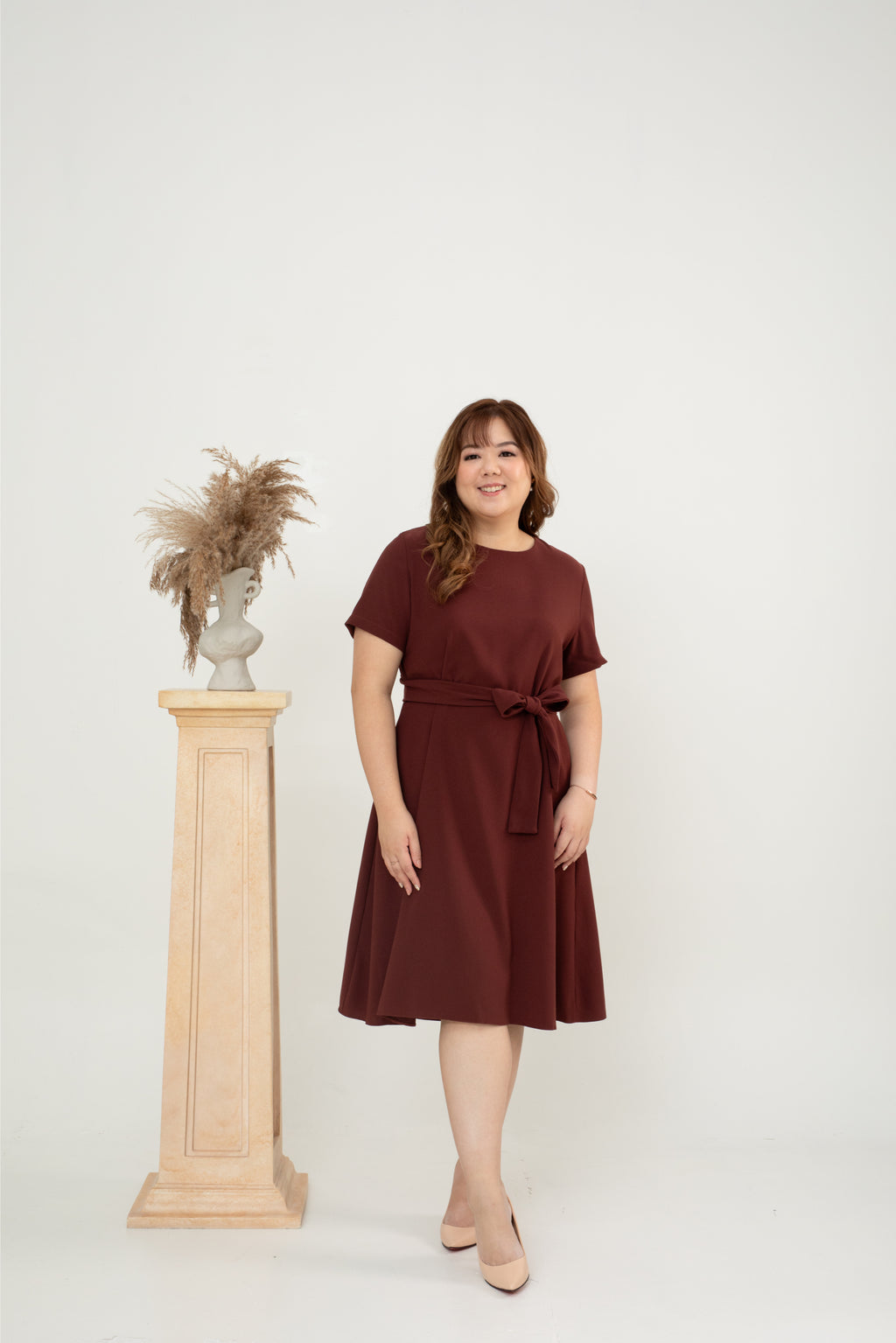 Waist-tie Fit and Flare Dress (Dark Red)