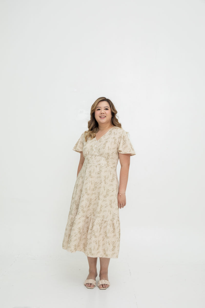 Charlotte Midi Dress (Beige Floral)