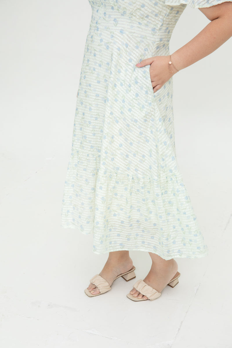 Charlotte Midi Dress (White / Blue textured)