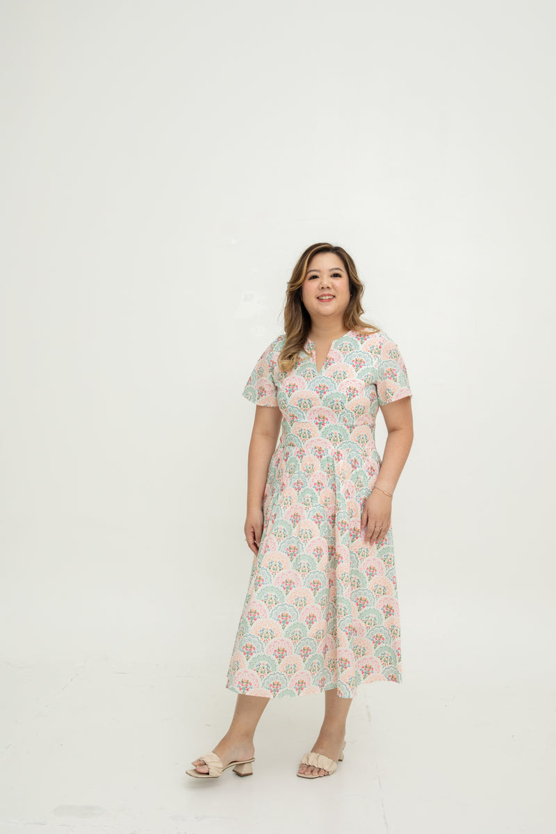 Notch-Neck Pleat Dress (Peranakan Pink Bloom)