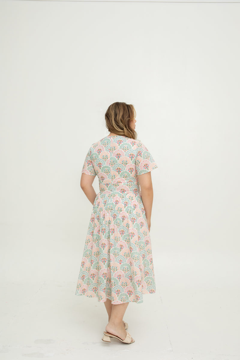 Notch-Neck Pleat Dress (Peranakan Pink Bloom)