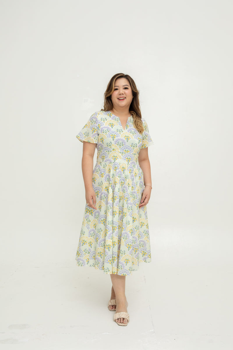 Notch-Neck Pleat Dress (Peranakan Yellow Bloom)