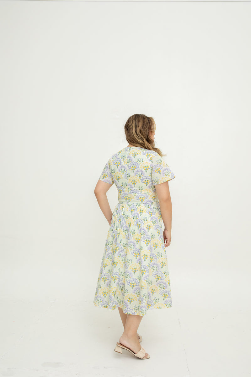 Notch-Neck Pleat Dress (Peranakan Yellow Bloom)