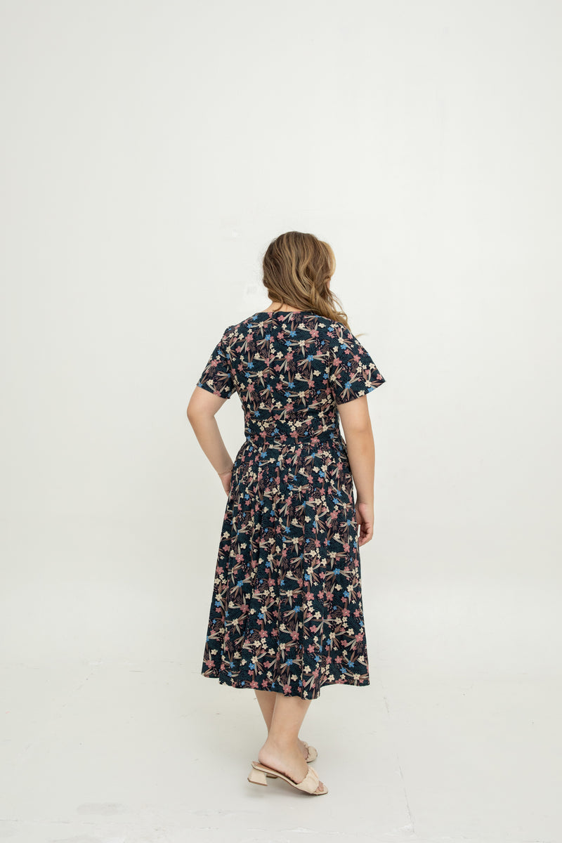 Notch-Neck Pleat Dress (Dusky Bloom)