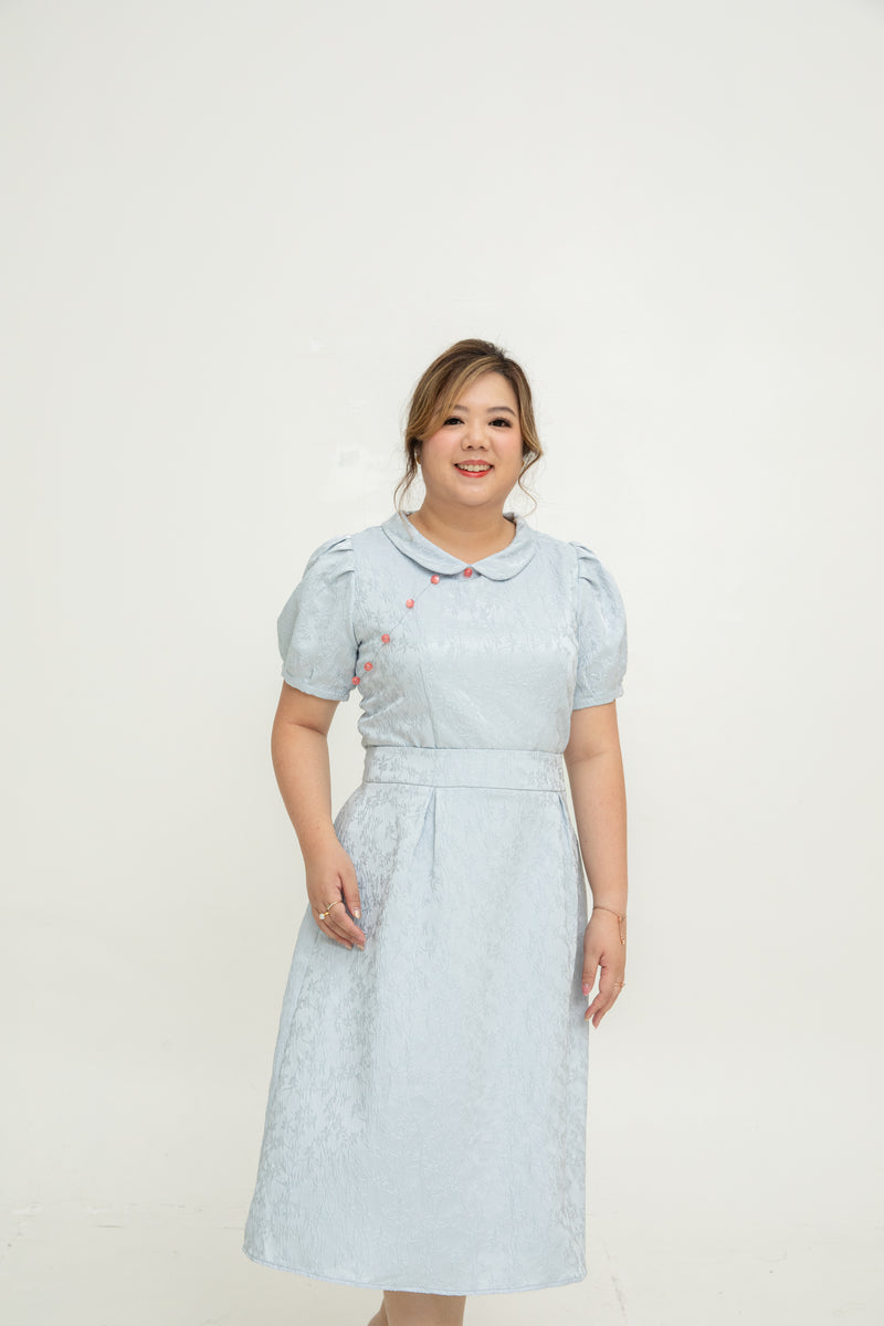 (Co-Ord)Embossed A-line High-Waist Skirt (Pastel Blue)