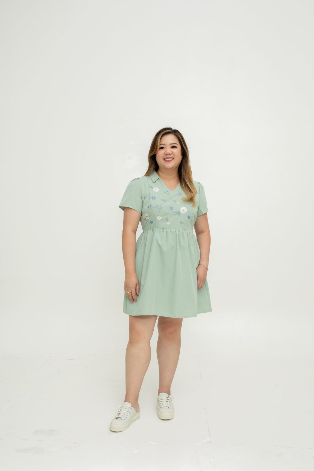 Rosy Whisper Embroidery Dress-Romper (Sage Mint)