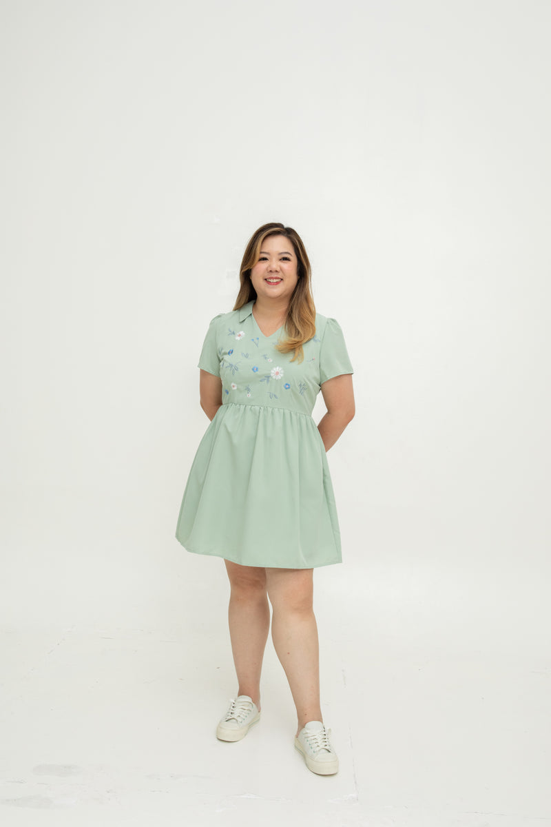 Rosy Whisper Embroidery Dress-Romper (Sage Mint)