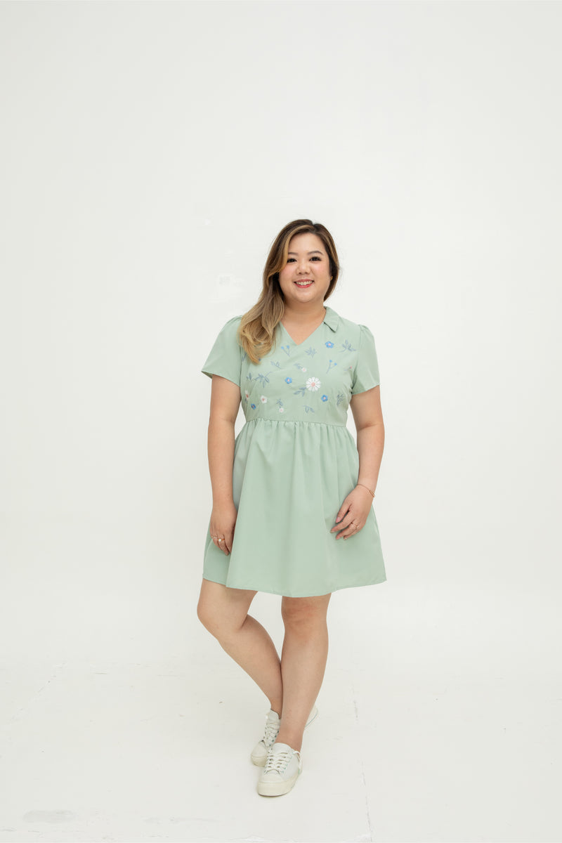 Rosy Whisper Embroidery Dress-Romper (Sage Mint)