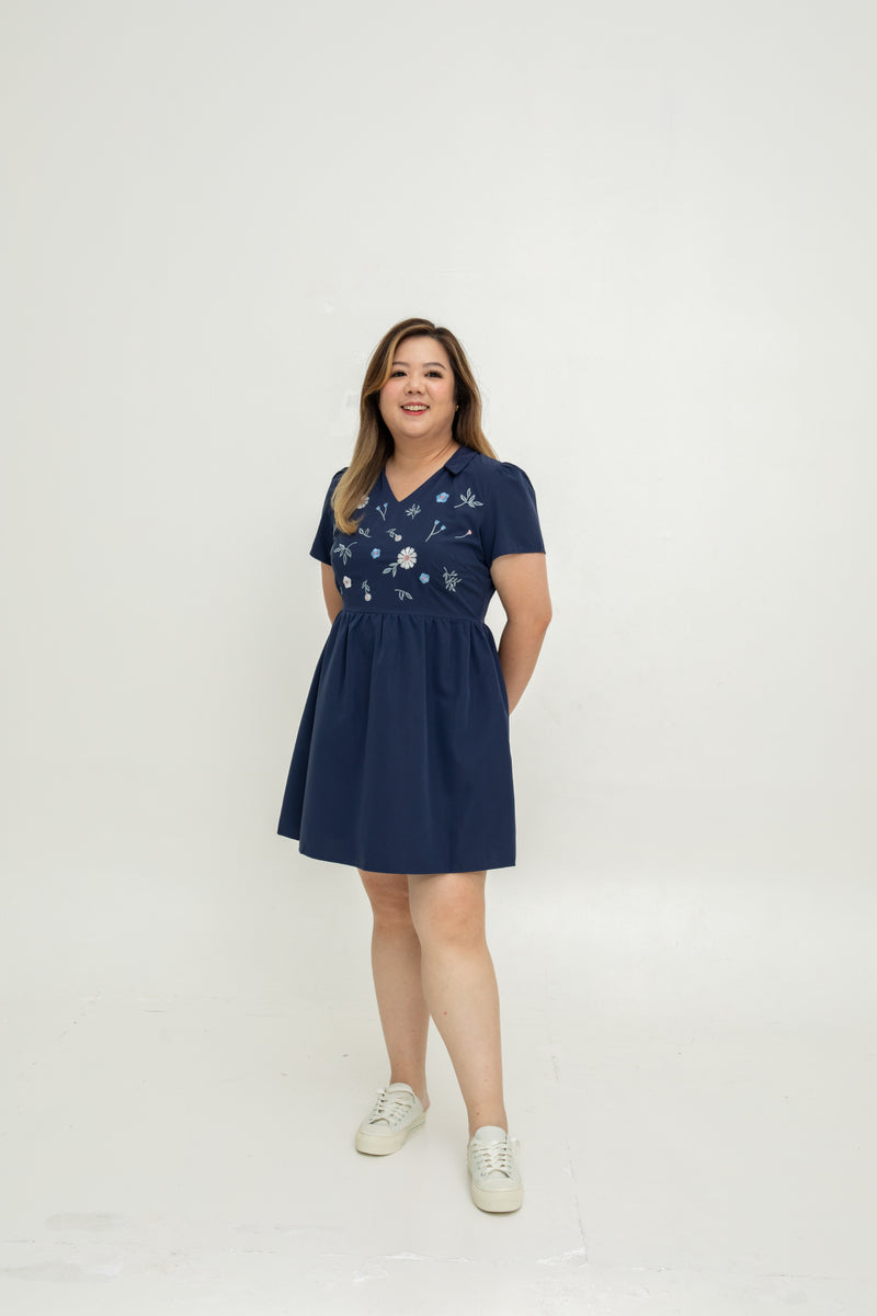 Rosy Whisper Embroidery Dress-Romper (Navy)