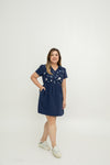 Rosy Whisper Embroidery Dress-Romper (Navy)