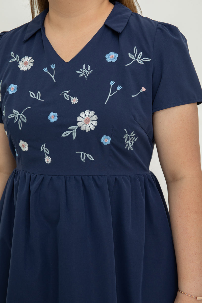 Rosy Whisper Embroidery Dress-Romper (Navy)