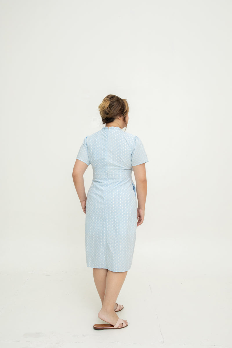 Detachable Mandarin Collar Embossed Japanese Pattern Dress (Blue Pink Buttons)