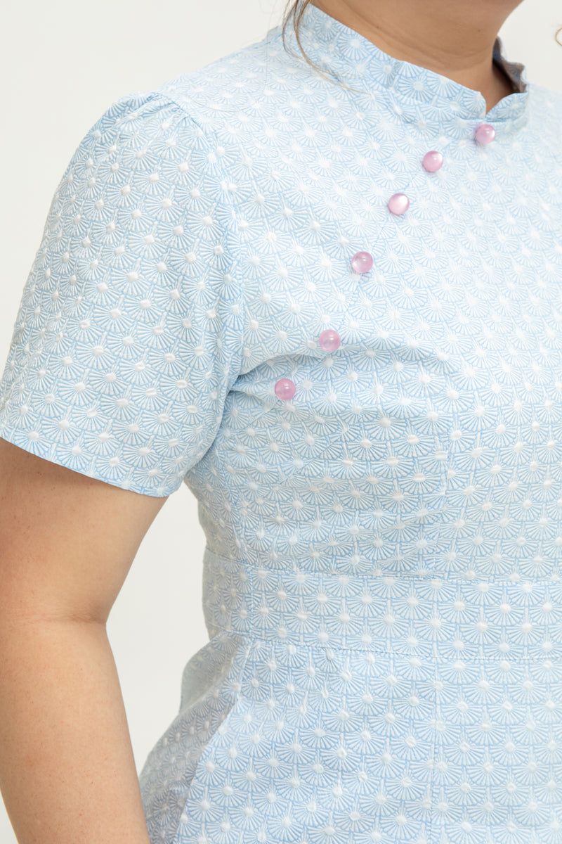 Detachable Mandarin Collar Embossed Japanese Pattern Dress (Blue Pink Buttons)