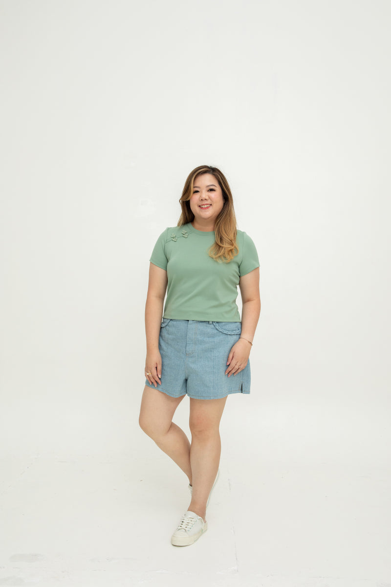 Knot Blossom Baby Tee Top (Sage)